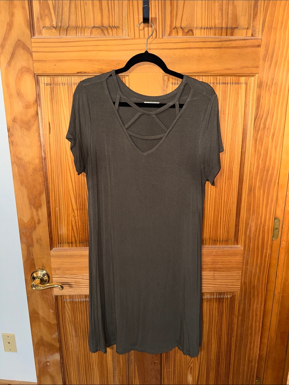 Maurices Olive Short Sleeve Mini Dress with Strappy V-Neck